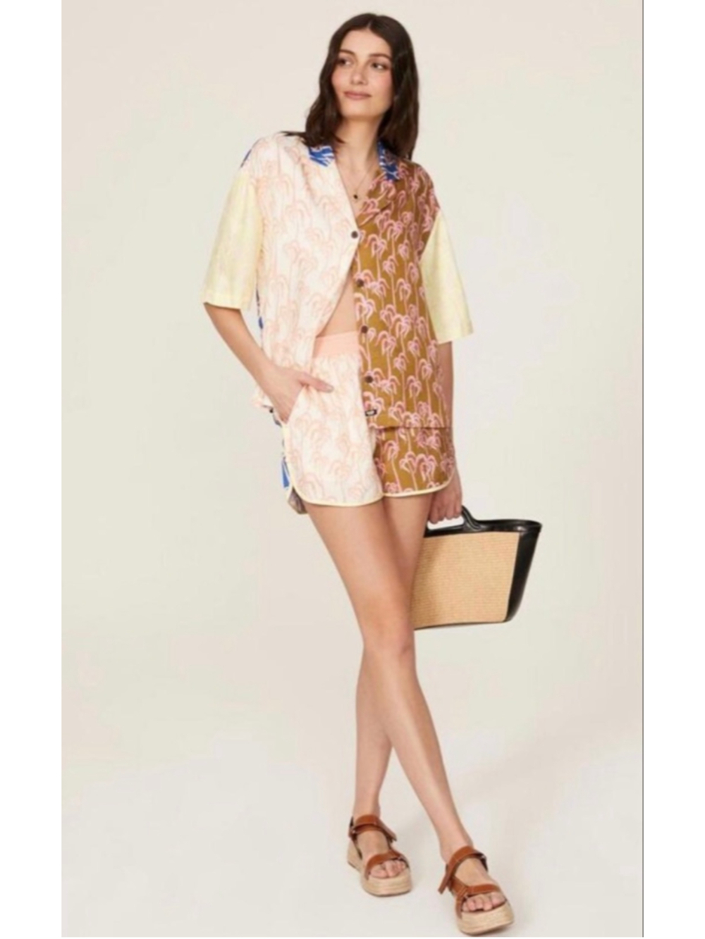 Free People Scotch & Soda M Palm Print Button Down Shirt Brown Blue